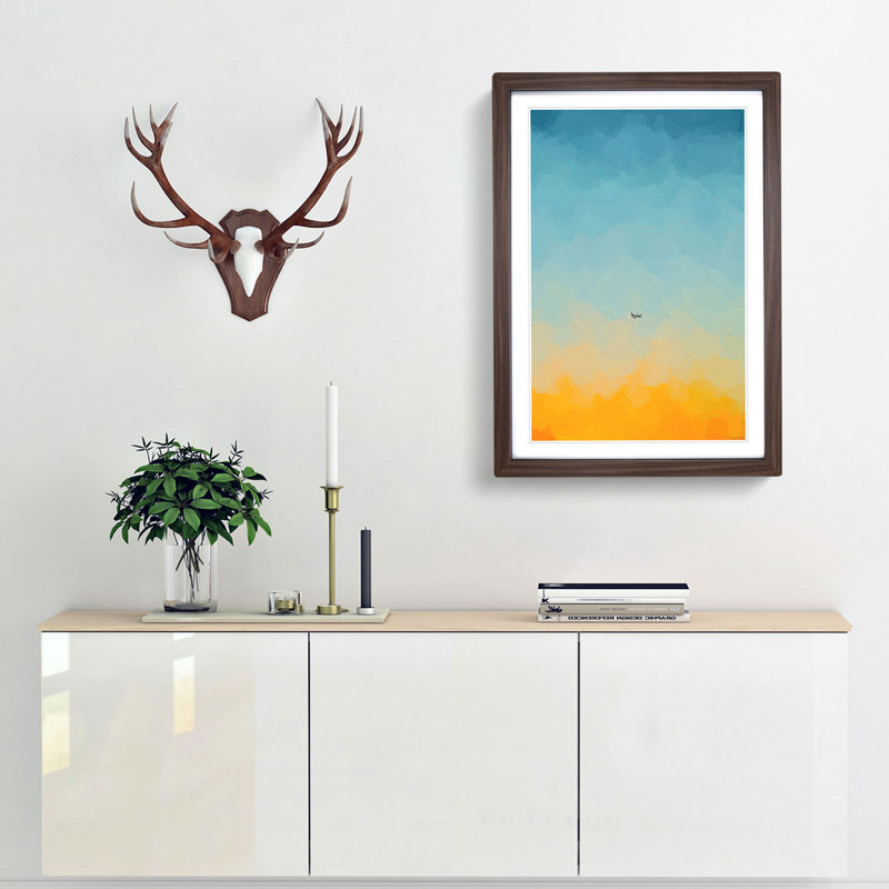 Airplane At Sunset In Abstract - Single Picture Frame Painting, 33cm H x 24cm W x 2cm D, Walnut Framed
