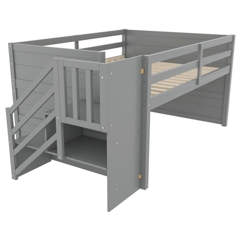 Lit mezzanine bas avec escalier intégré, tiroir de rangement et tablette TimberNook, Gris