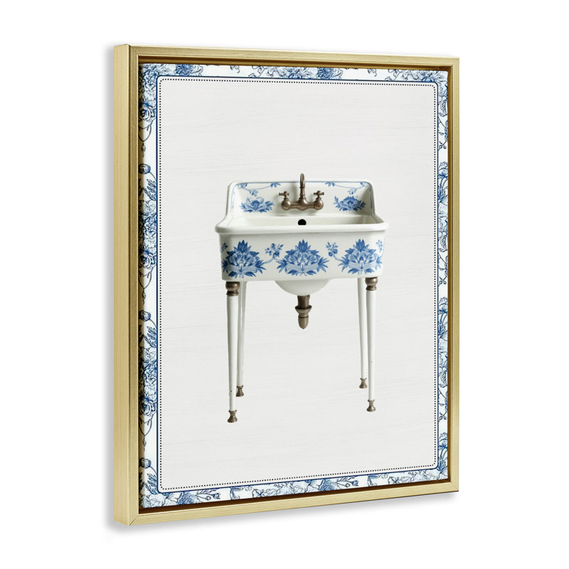 Cadre flottant rétro chinoiserie, évier et lettré, H 21 po x l 17 po, Cadre flottant métallique doré