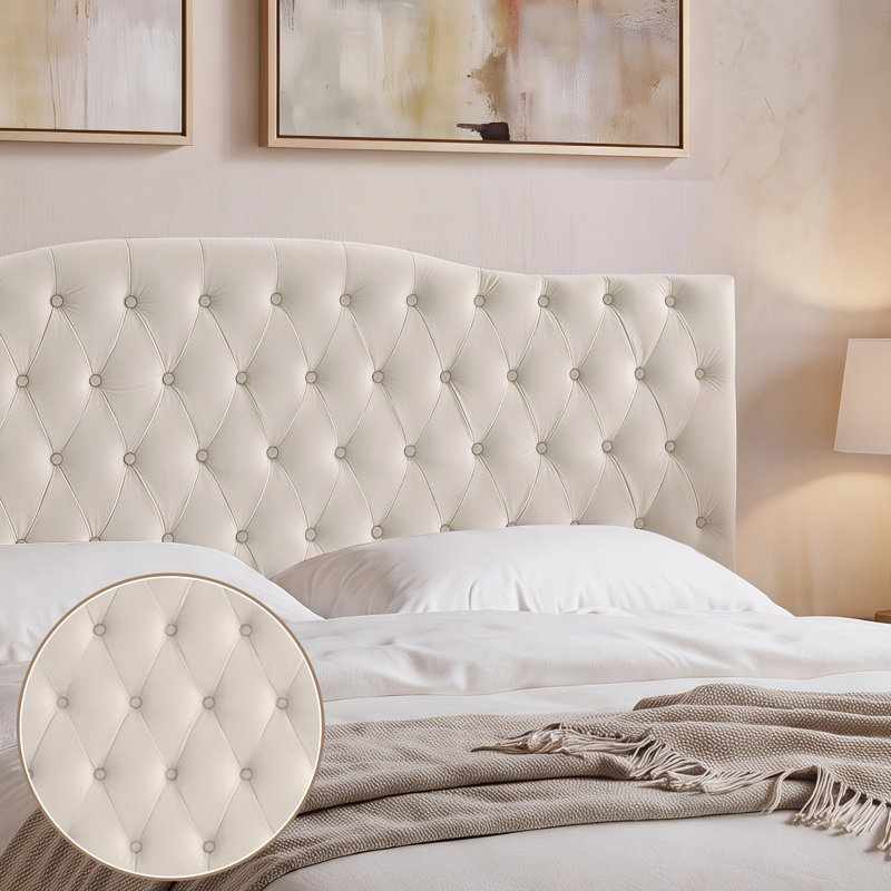 Aveigha Arched Upholstered Headboard, Beige Velvet, Queen