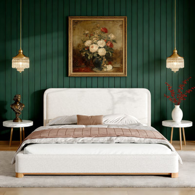 Anie Linen Upholstered Platform Bed With Thick Headboard & Rubberwood Frame