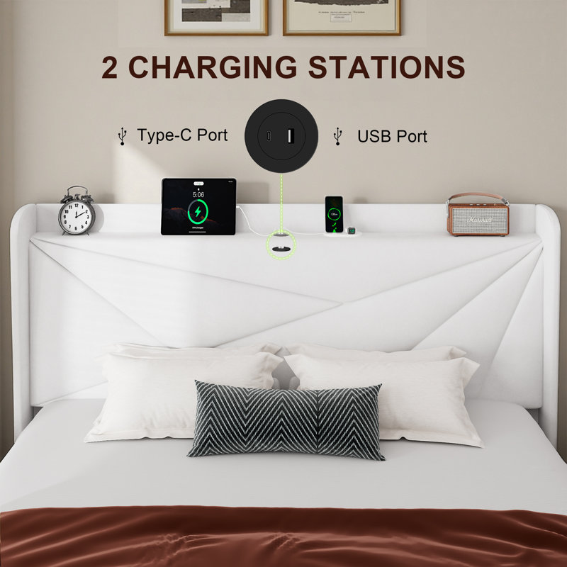 King-size Gaming Bed, King-size E Bed Frame, Bed With Charging Station, No Box Spring Needed, White