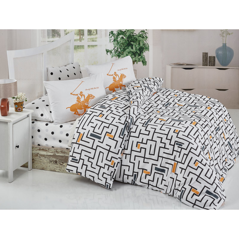 Ensemble de housse de couette 100% coton blanc / noir / orange, Housse de couette double TG + 2 taies d'oreiller 2