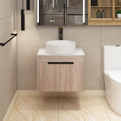 Meuble-lavabo simple 24 po avec lavabo en céramique et plateau en pierre blanche Leilena
