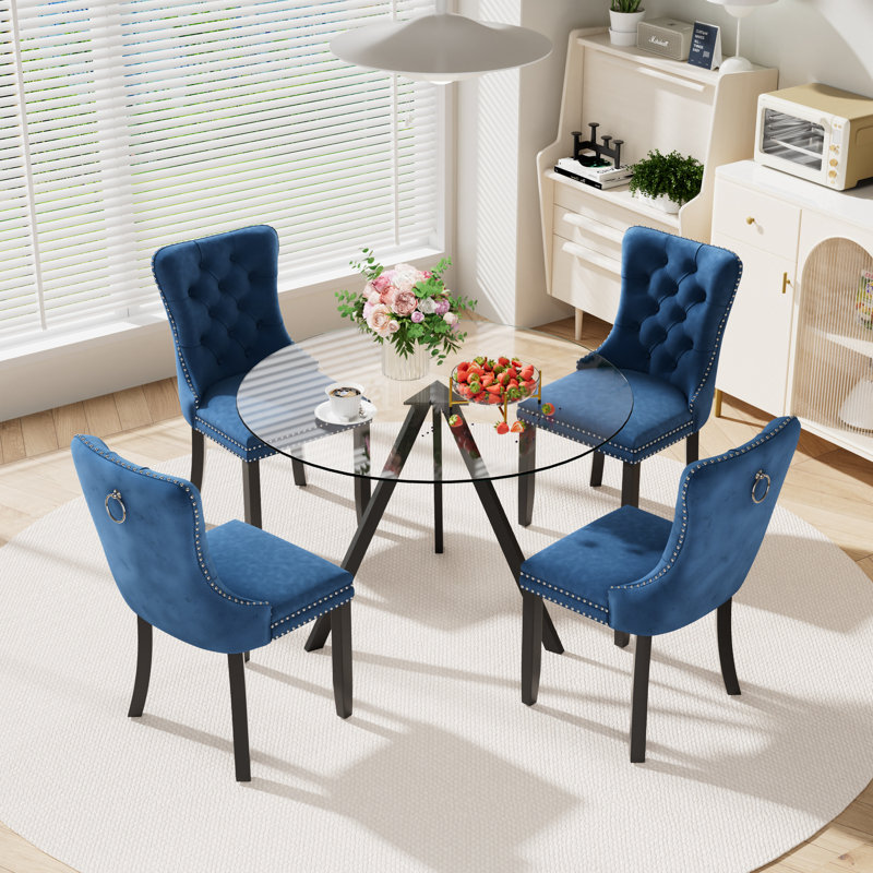 5-Piece Pedestal Dining Set, Blue, 30" H x 39" W x 39" D