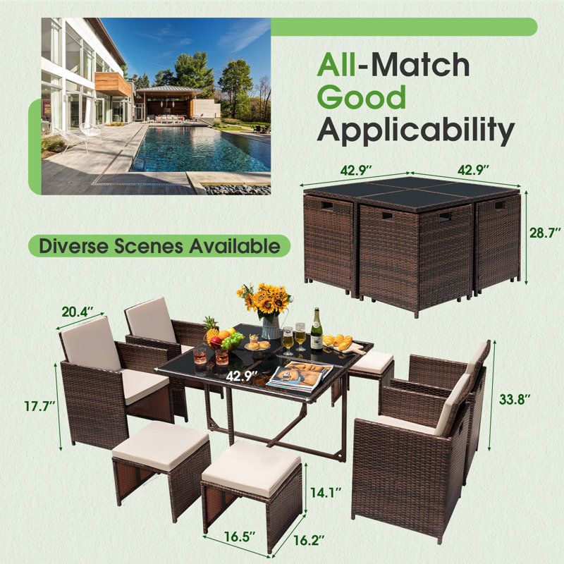 Angelos 8 - Person Wicker Patio Dining Set with Rectangular Table , Cushions Included, Beige
