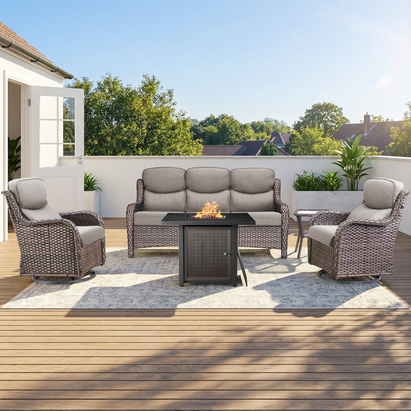 Anner 5-Piece All Weather Outdoor Wicker Patio Conversation Set With Square Metal Fire Pit Table, Swivel Gliders And Side Table