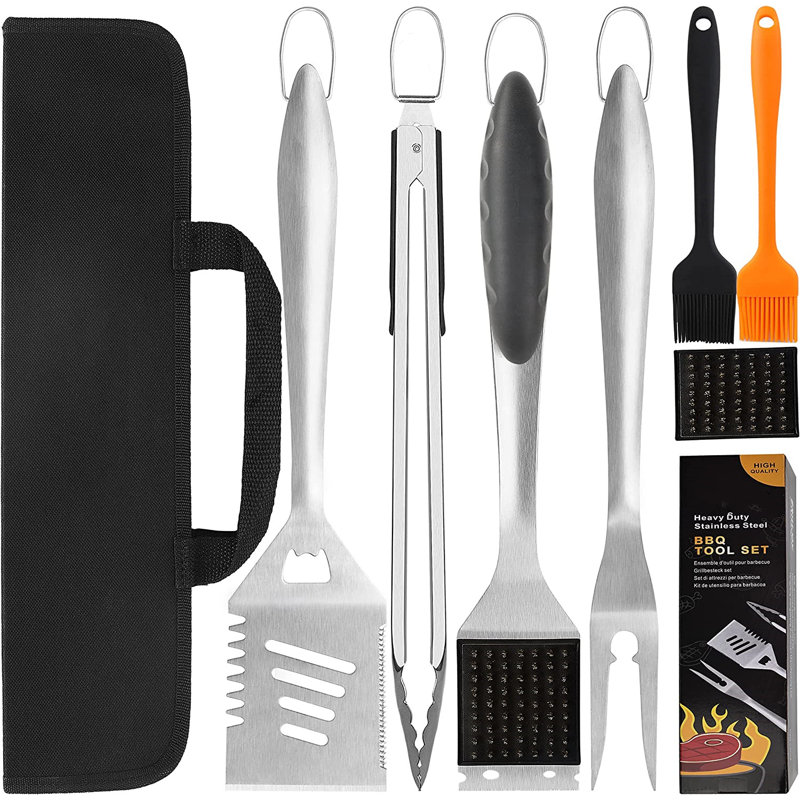 Ensemble 8 pièces d'outils de barbecue très épais en acier inoxydable, Noir