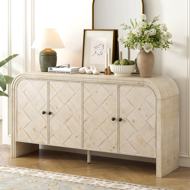 Buffet luxueux en panneau de fibres à densité moyenne - portes en lattes de bois tissées, Beige brun