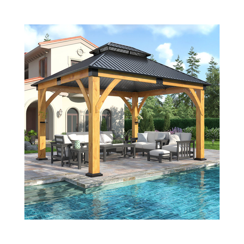 13 FT. W x 11 FT. D Outdoor Spruce Wood Gazebo with Galvanized Steel Double Roof, 10.01 FT. H x 13 FT. W x 11 FT. D