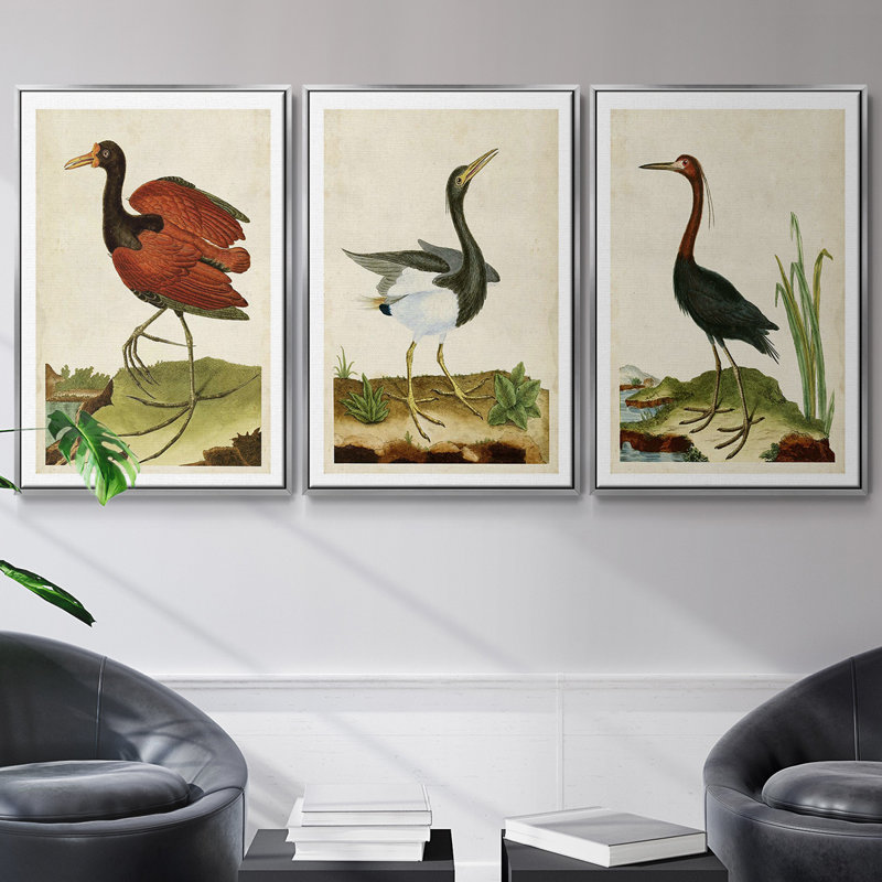 Heron Portrait IV, ensemble de 3 toiles encadrées, H 27 po x l 54 po, Encadrement argenté