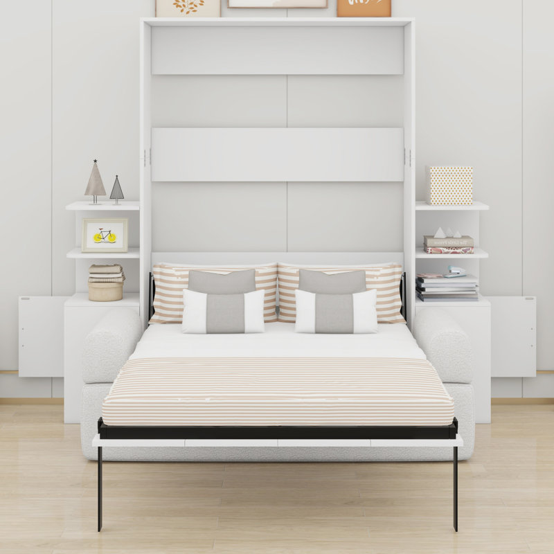 Lit escamotable tout-en-un avec canapé et armoires de rangement intégrées, Blanc