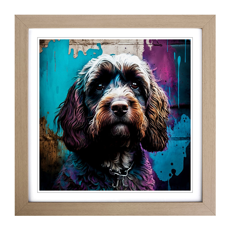 Cockapoo Graffiti Art - Single Picture Frame Print on Wood, Oak