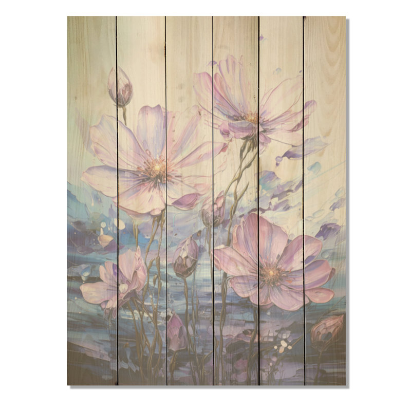 «Pink Morning Glory», art liquide, champ de fleurs I - champ de fleurs, art mural sur bois de pin naturel, H 32 po x l 24 po