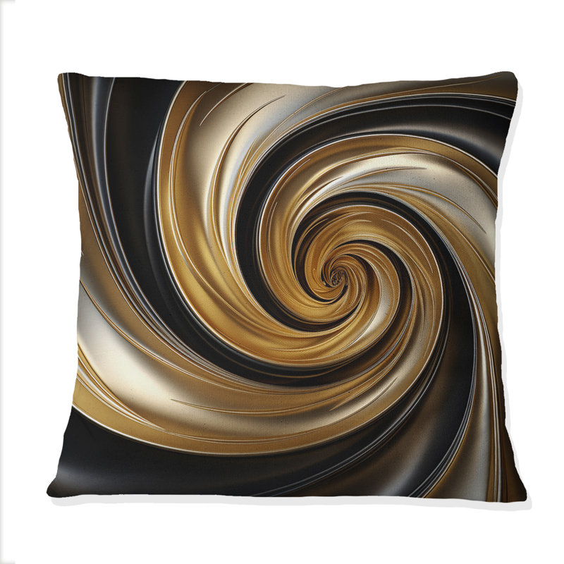 Coussin décoratif abstrait à spirale abstraite, or liquide et noir