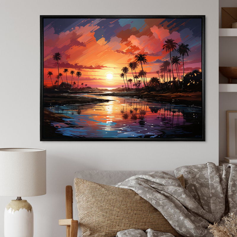 «Palm Trees Abstract Landscape III», reproduction sur toile, H 30 po x l 40 po x P 1,5 po, Cadre flottant noir