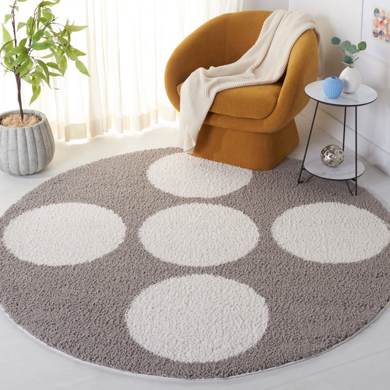 Tapis géométrique gris / ivoire fabriqué à la machine, Rond 6 pi 7 po