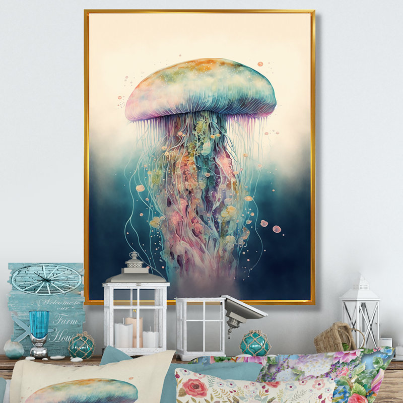 Mykelle Colorful Deepsea Jellyfish I - reproduction sur toile, L 30 po x H 40 po, Toile avec cadre flottant or