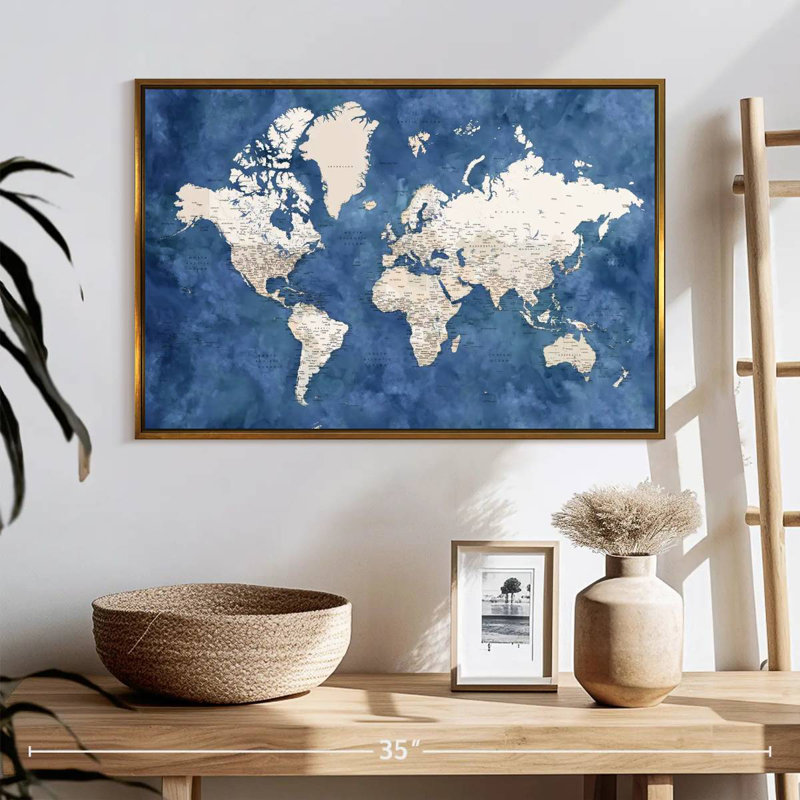 Carte détaillée du monde avec les villes I, 25 po x 17 po, Cadre flottant doré