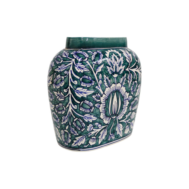 Home&Manor Ceramic Large Green Vase, 10.5" H x 9.5" W x 5" D, Green