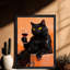 Chat noir mystérieux rétro encadré noir tenant un verre de vin rouge sur un fond aux couleurs vives, reproductions d'art encadrées de style rétro-1372760411