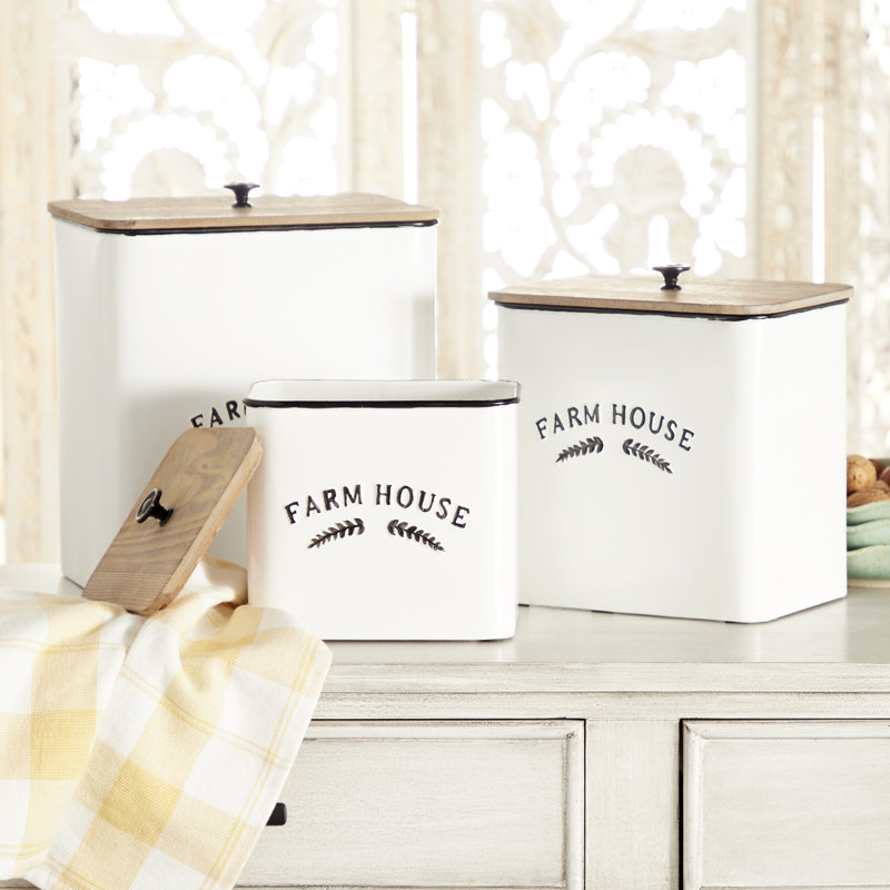 Farmhouse White Metal Canisters with Wood Lids, Set of 3