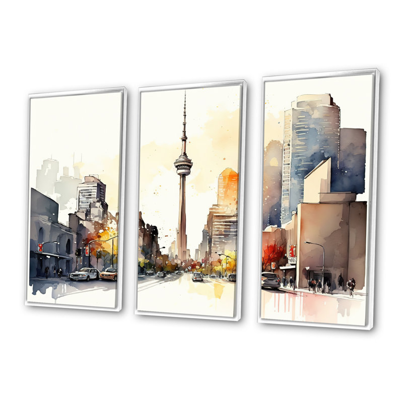 Toronto Skyline VIII - 3 pièces sur toile, H 28 po x l 36 po x P 1 po, Cadre blanc