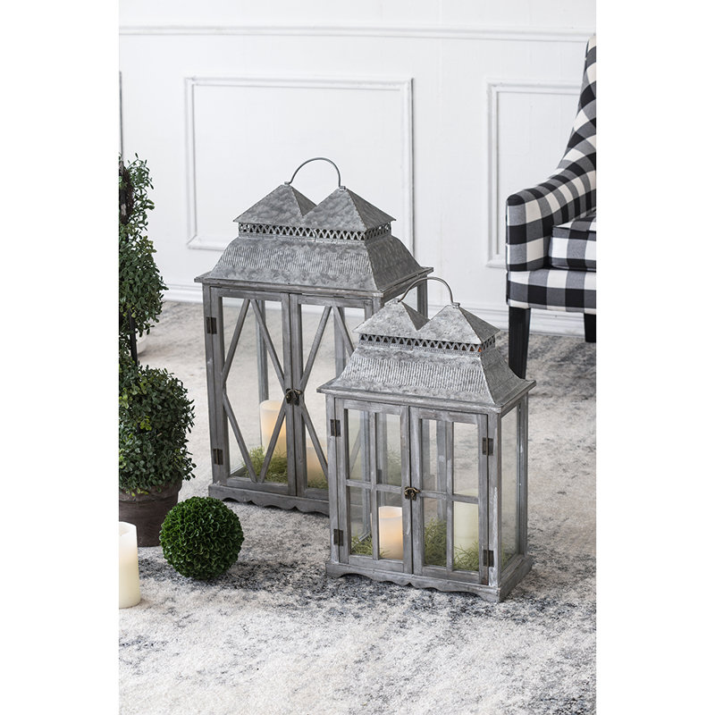 Set of 2 Silver Scape Fir Wood & Glass Patio Lanterns with Metal Roof