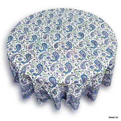 Block Print Floral Cotton Round Tablecloth