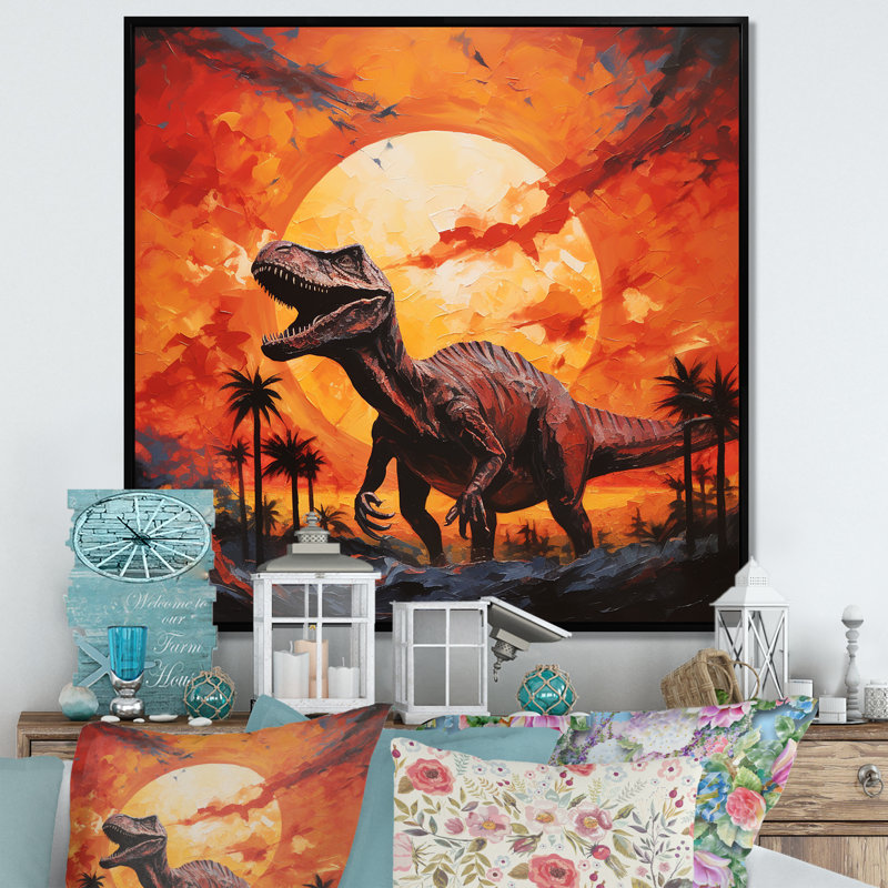 Coucher de soleil de dinosaure rouge et jaune I - art de mur de dinosaure, Cadre photo argenté, H 36 po x l 36 po