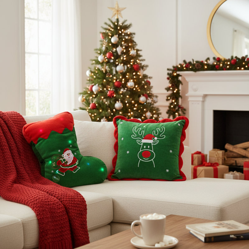 Lighted Green Stocking Christmas Pillow