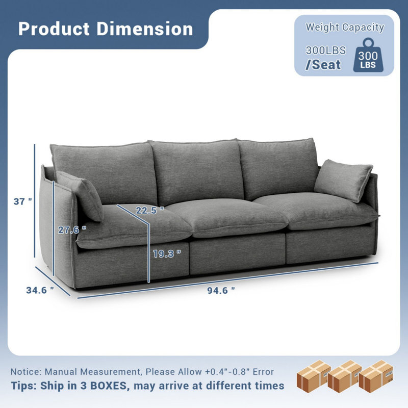 Canapé modulaire Cloud de 94,6 po Rinnes, 3, H 37 po x l 94,6 po x P 34,6 po