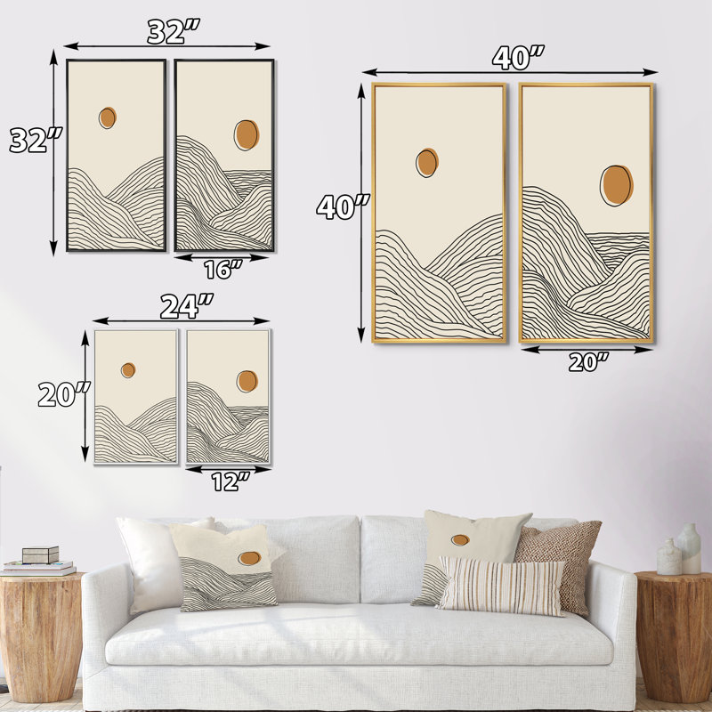 Minimalist Moon Landscape I - ensemble de 2 peintures, H 32 po x l 32 po x P 1 po, Cadre blanc
