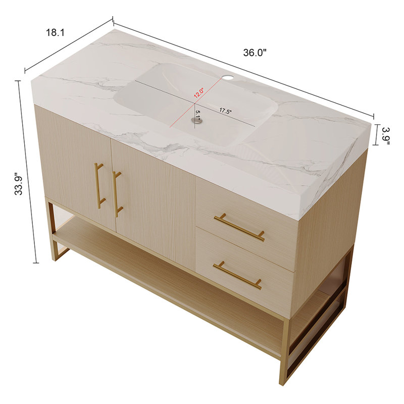 Meuble-lavabo moderne 36 po avec lavabo en céramique sans couture et armoire autoportante dorée, Blanc, Beige