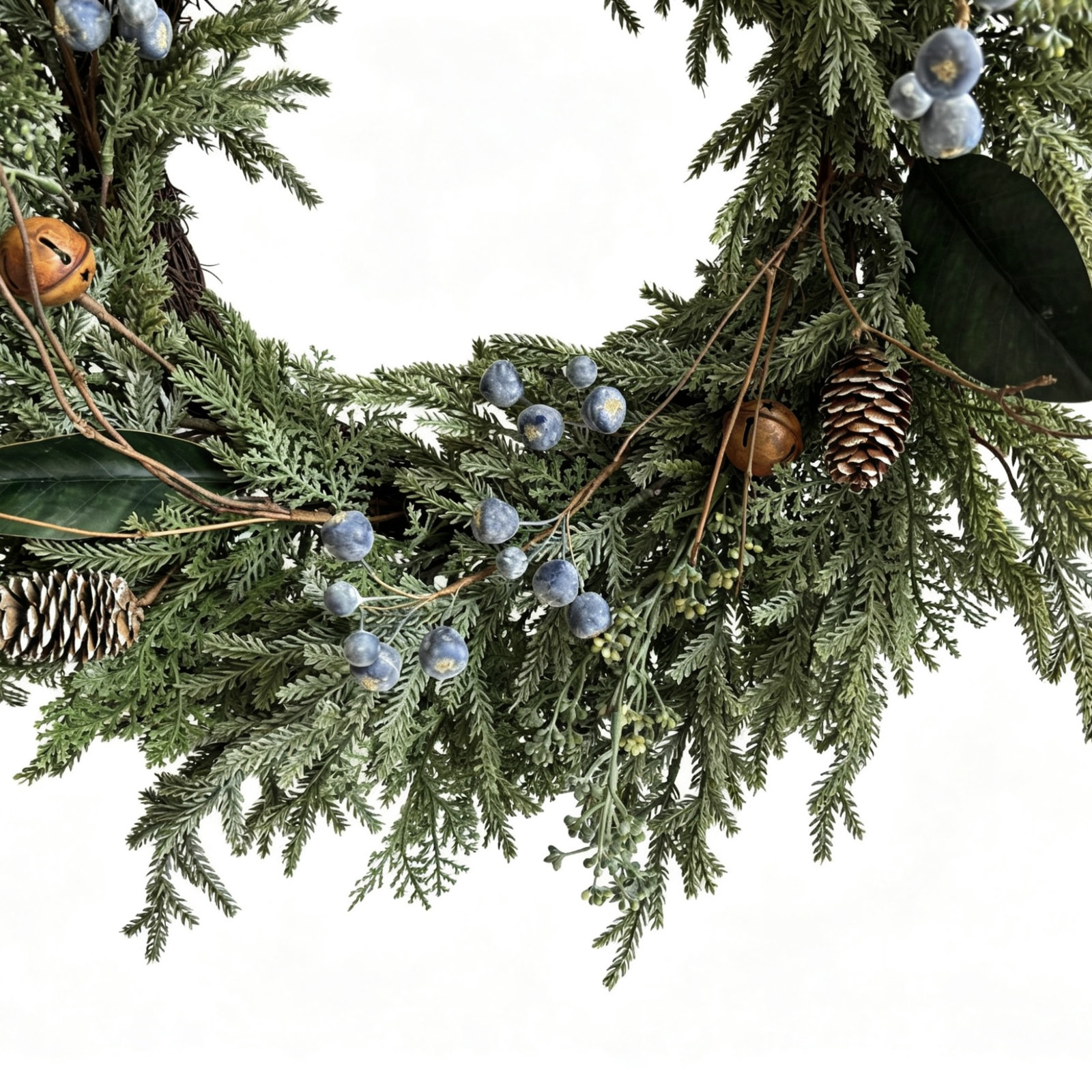 24" Real Touch Artificial Farmhouse Greenery Pine Pinecones Blueberries Brass Bells Front Door Wreath Winter Christmas Decor