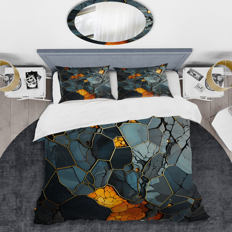 Ensemble de housse de couette à motif géométrique abstrait jaune et noir Marble Elegance II, Housse de couette pour grand lit
