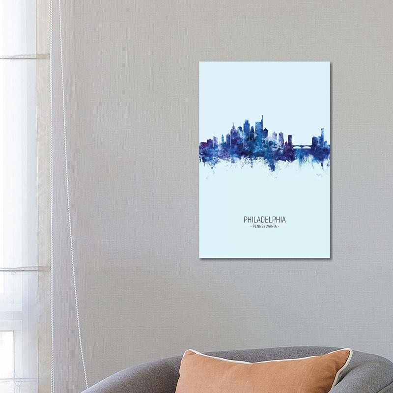 Philadelphia Skyline Portrait Dark Blue by Michael Tompsett - 1 Piece Wrapped Canvas Wall Art