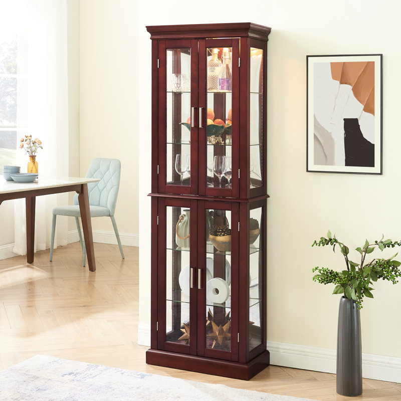 Transitional Curio Cabinet With 4 Hinged Doors - Cherry, Adjustable Shelves 6 Shelf Internal Lighting & Magnetic Cherry