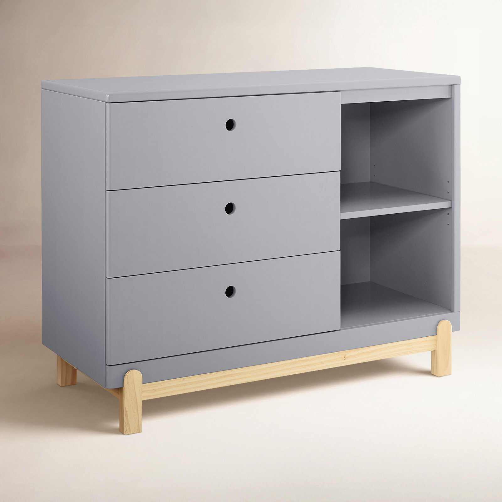 Poppy 3 Drawer Dresser with Cubbies and Interlocking Drawers, Gray/Natural
