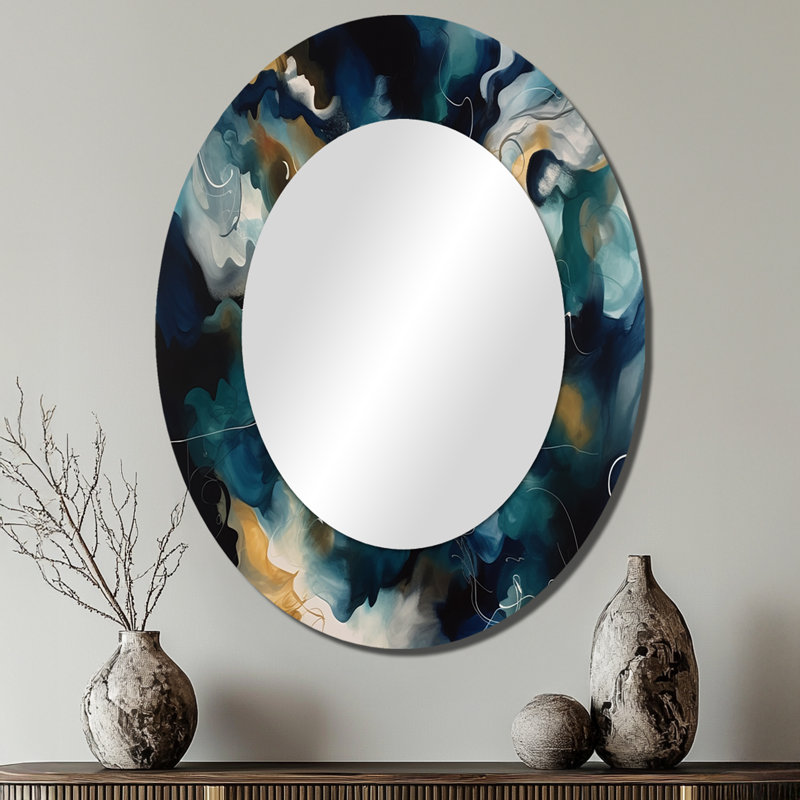 Blue And White Artistic Movement - Abstract Oval Decorative Mirror On Metal, 40" x 30"