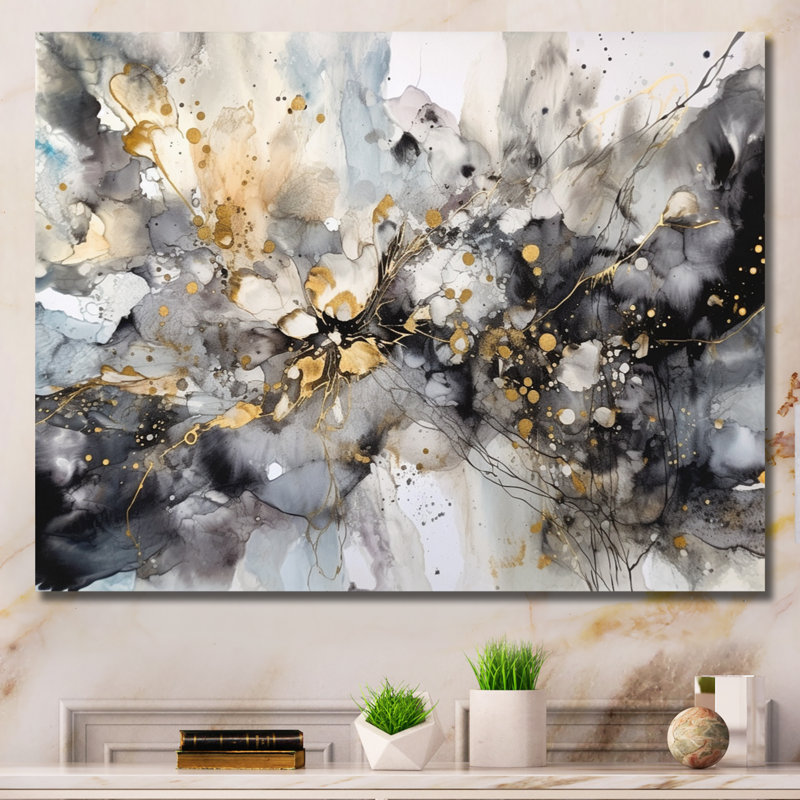 Grey Gold Delicate Abstract Brushstrokes II - Abstract Marble Canvas Prints, 30" H x 40" W, Wrapped Canvas, No Frame