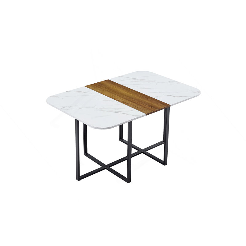 Modern Dual-Texture Table – MDF With Marble & Wood-Pattern Lacquer-Free Paper, Sturdy Black Metal Frame, 4-6 Seater Multi-Use Table For Kitchen/Dining Nook/Home Office