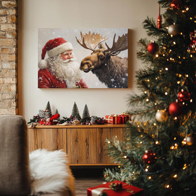 Père Noël, reproduction d'art sur toile, peinture à l'huile rétro du père Noël et renne dans la forêt enneigée, décoration murale de Noël pour la maison, salon, galerie, 24 x 16 po