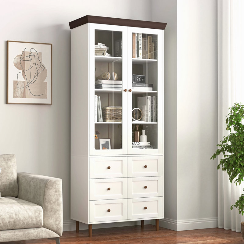 Armoire de rangement blanche en panneau de fibres à densité moyenne blanche, grands armoires de cuisine avec portes en verre et tablettes réglables, armoire de rangement autoportante pour la cuisine, le salon