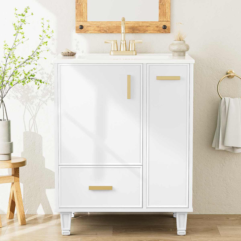 Meuble-lavabo moderne 24 po avec meuble-lavabo avec tablette de porte et panier coulissant à 2 niveaux, Blanc
