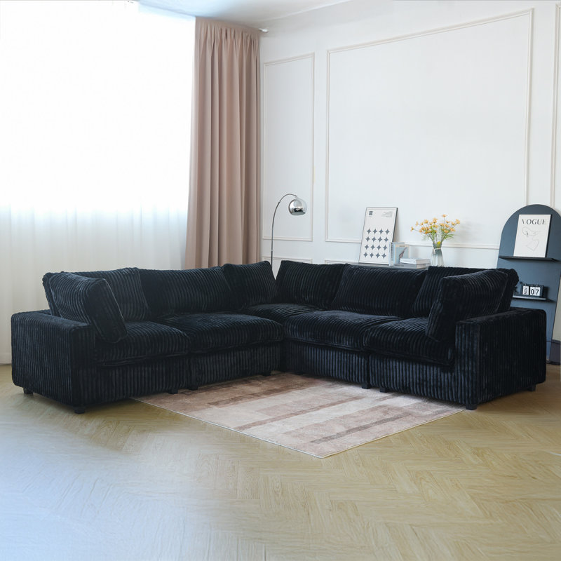 5 - Piece Upholstered Sectional, Black  Faux Fur