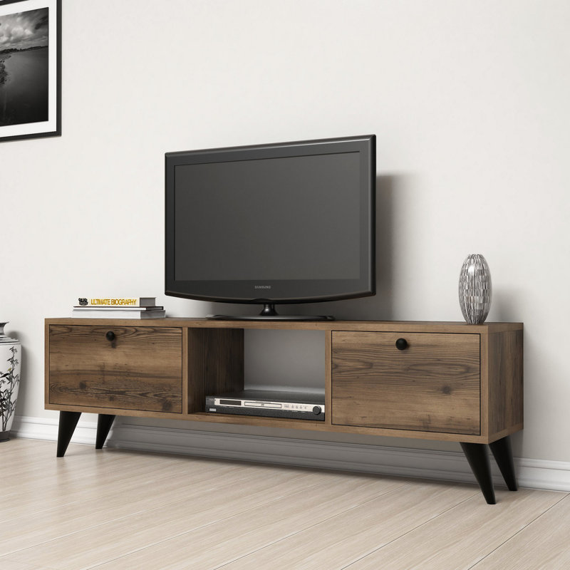 Meuble télé moderne avec option de fixation murale, noir, 54,3 x 16,8 x 11,6 pouces | 100% panneau de particules enduit de mélamine, épaisseur: 0,7 pouce | Plusieurs tablettes, pieds en plastique, design scandinave pour des salons élégants