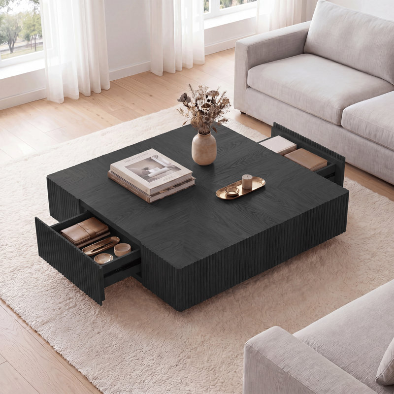 31.5 Inch Solid Wood Square Coffee Table With 2 Drawers, Handcrafted Ash & Oak Fluted Design, 13.8" H x 31.5" L x 31.5" W