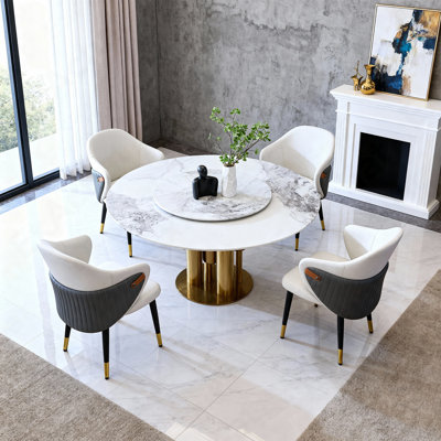 59" Round Dining Table With 360° Smooth Lazy Susan, Stain & Heat Resistant Sintered Stone Tabletop, Modern Minimalist Design For Kitchen, Dining Room, Compact Spaces(4 Chairs)