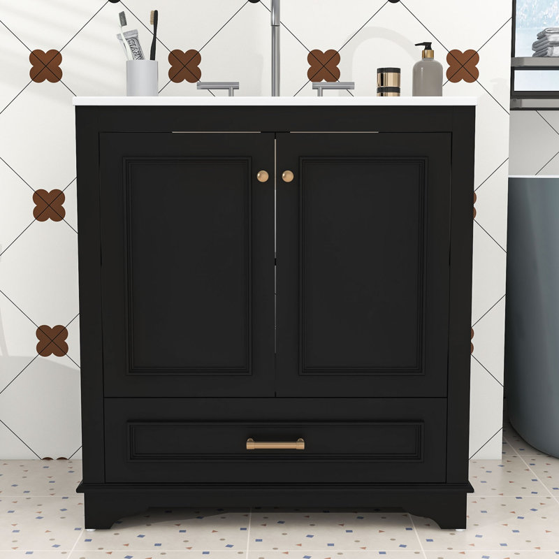 Meuble-lavabo de salle de bain avec lavabo en céramique, tablette réglable, tiroir et armoire de rangement, Noir